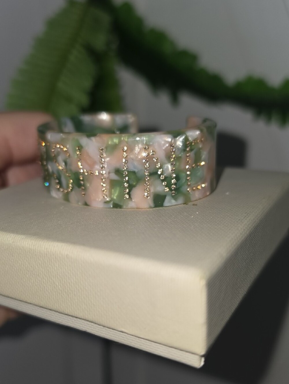 New India Hicks Sparkled Blingy Marbled Resin Cuff with Gold Stud Detail